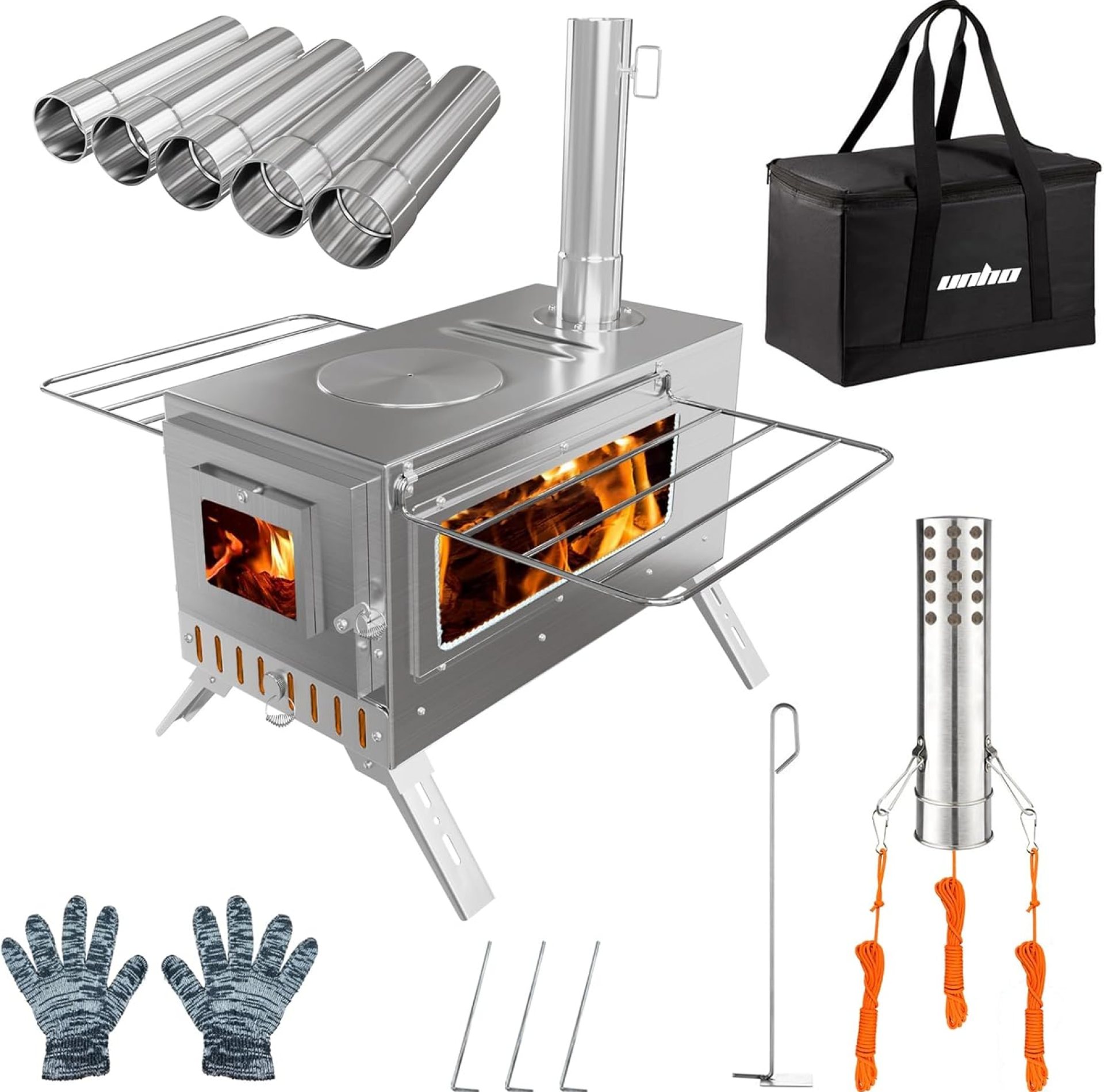 Hot Tent Stove, unho Wood Burning Stove, Portable Wood Stove with 6 Stainless Chimney Pipes for Outdoor Heating & Cooking, Ice Fishing, Hunting,Winter Warmth Hot Tent Stove, unho Wood Burning Stove, Portable Wood Stove with 6 Stainless Chimney Pipes for Outdoor Heating & Cooking, Ice Fishing, Hunting,Winter Warmth