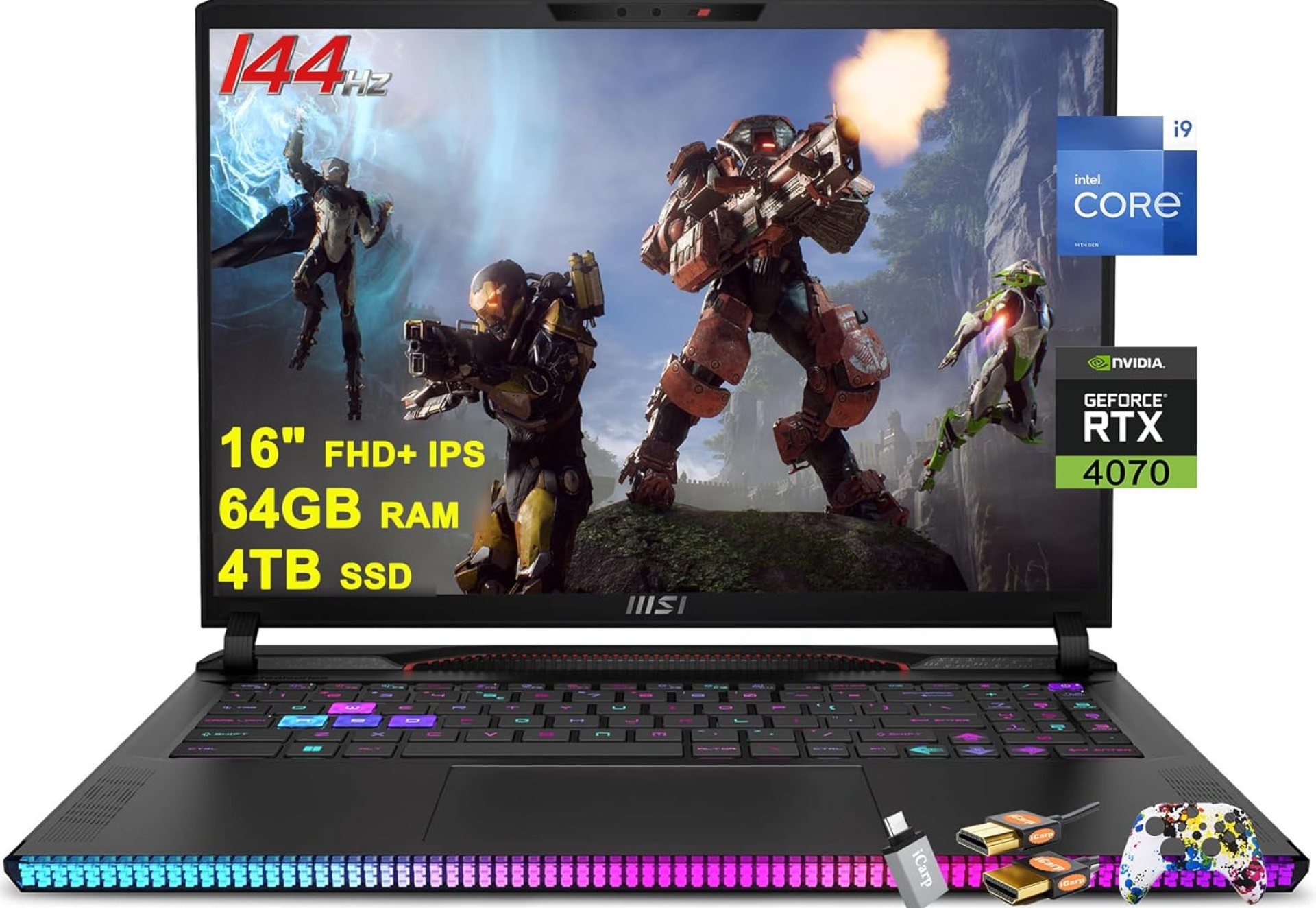 MSI Raider GE68HX Gaming Laptop 16″ FHD+ IPS 144Hz Intel 24-core i9-14900HX 64GB RAM 4TB SSD GeForce RTX 4070 RGB Backlit Thunderbolt4 USB-C Dynaudio FHD IR Privacy Camera Win11 w/ICP Accessory MSI Raider GE68HX Gaming Laptop 16″ FHD+ IPS 144Hz Intel 24-core i9-14900HX 64GB RAM 4TB SSD GeForce RTX 4070 RGB Backlit Thunderbolt4 USB-C Dynaudio FHD IR Privacy Camera Win11 w/ICP Accessory