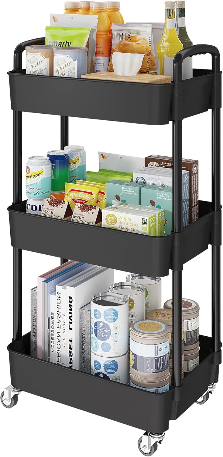 Laiensia 3-Tier Kitchen Storage Cart,Multifunction Utility Rolling Storage Organizer,Mobile Shelving Unit Cart with Lockable Wheels for Bathroom,Laundry,Living Room,With Classified Stickers,Black Laiensia 3-Tier Kitchen Storage Cart,Multifunction Utility Rolling Storage Organizer,Mobile Shelving Unit Cart with Lockable Wheels for Bathroom,Laundry,Living Room,With Classified Stickers,Black
