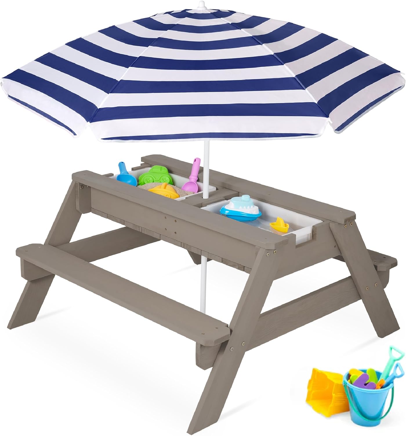 Best Choice Products Kids 3-in-1 Sand & Water Table, Wood Outdoor Convertible Picnic Table w/Umbrella, 2 Trays, Removable Top, 220lb Capacity Per Bench – Gray/Navy Best Choice Products Kids 3-in-1 Sand & Water Table, Wood Outdoor Convertible Picnic Table w/Umbrella, 2 Trays, Removable Top, 220lb Capacity Per Bench – Gray/Navy