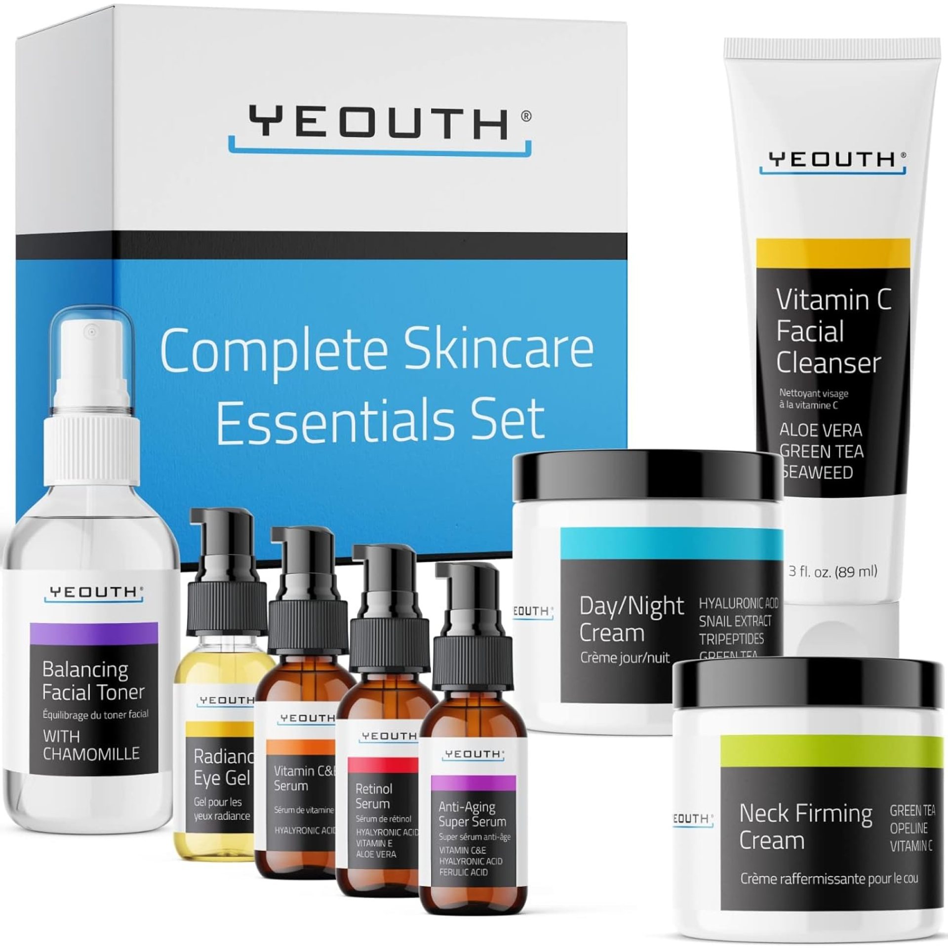 YEOUTH Skin Care Set: Retinol Serum with Hyaluronic Acid, Vitamin C & Super Face Serum, Cleanser, Toner, Eye Gel, Neck Cream, Face Cream 8-Piece Self Care Gifts For Women YEOUTH Skin Care Set: Retinol Serum with Hyaluronic Acid, Vitamin C & Super Face Serum, Cleanser, Toner, Eye Gel, Neck Cream, Face Cream 8-Piece Self Care Gifts For Women