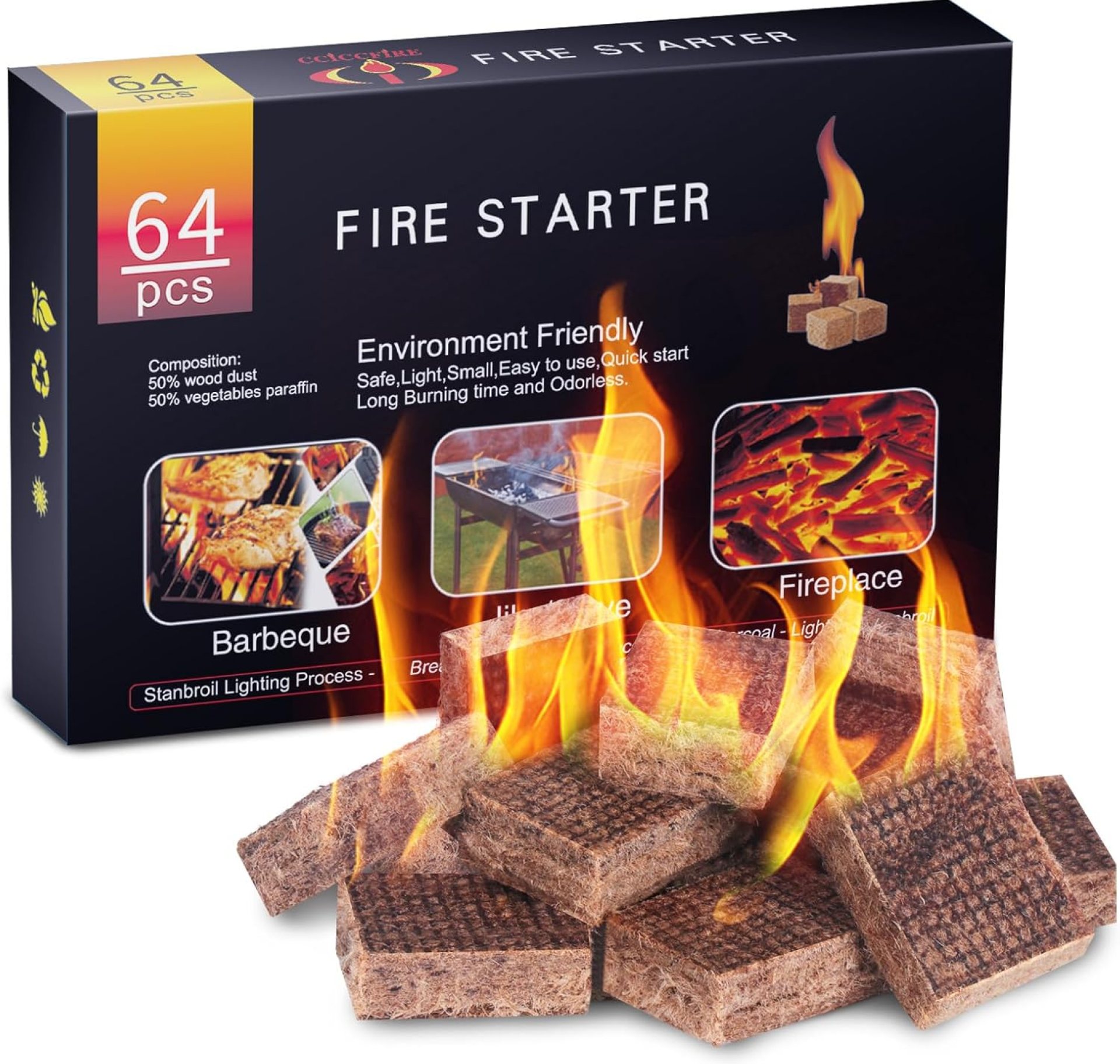 HGD Fire Starter, 64 Mini Square, Natural Fire Starters for BBQ, Campfire, Fireplace, Charcoal, Wood Stove, Chimney, Fire Pit, Grill, Smoker, Indoor Outdoor Use HGD Fire Starter, 64 Mini Square, Natural Fire Starters for BBQ, Campfire, Fireplace, Charcoal, Wood Stove, Chimney, Fire Pit, Grill, Smoker, Indoor Outdoor Use
