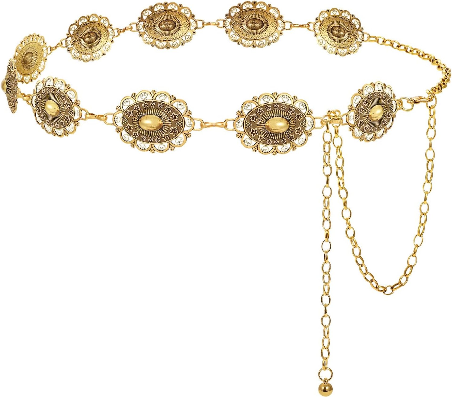 LEACOOLKEY Western Metal Concho Belt for Women Cowgirl Boho Waist Chain Belt for Dresses Jeans Pants LEACOOLKEY Western Metal Concho Belt for Women Cowgirl Boho Waist Chain Belt for Dresses Jeans Pants