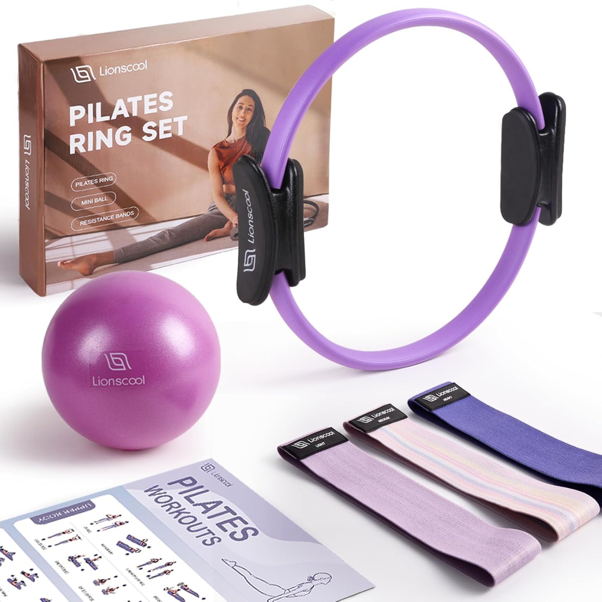 LIONSCOOL Pilates Ring Set – 14″ Anti-Deformation Magic Circle with Padded Handles, Mini Ball, Resistance Bands, Guide & Bag LIONSCOOL Pilates Ring Set – 14″ Anti-Deformation Magic Circle with Padded Handles, Mini Ball, Resistance Bands, Guide & Bag