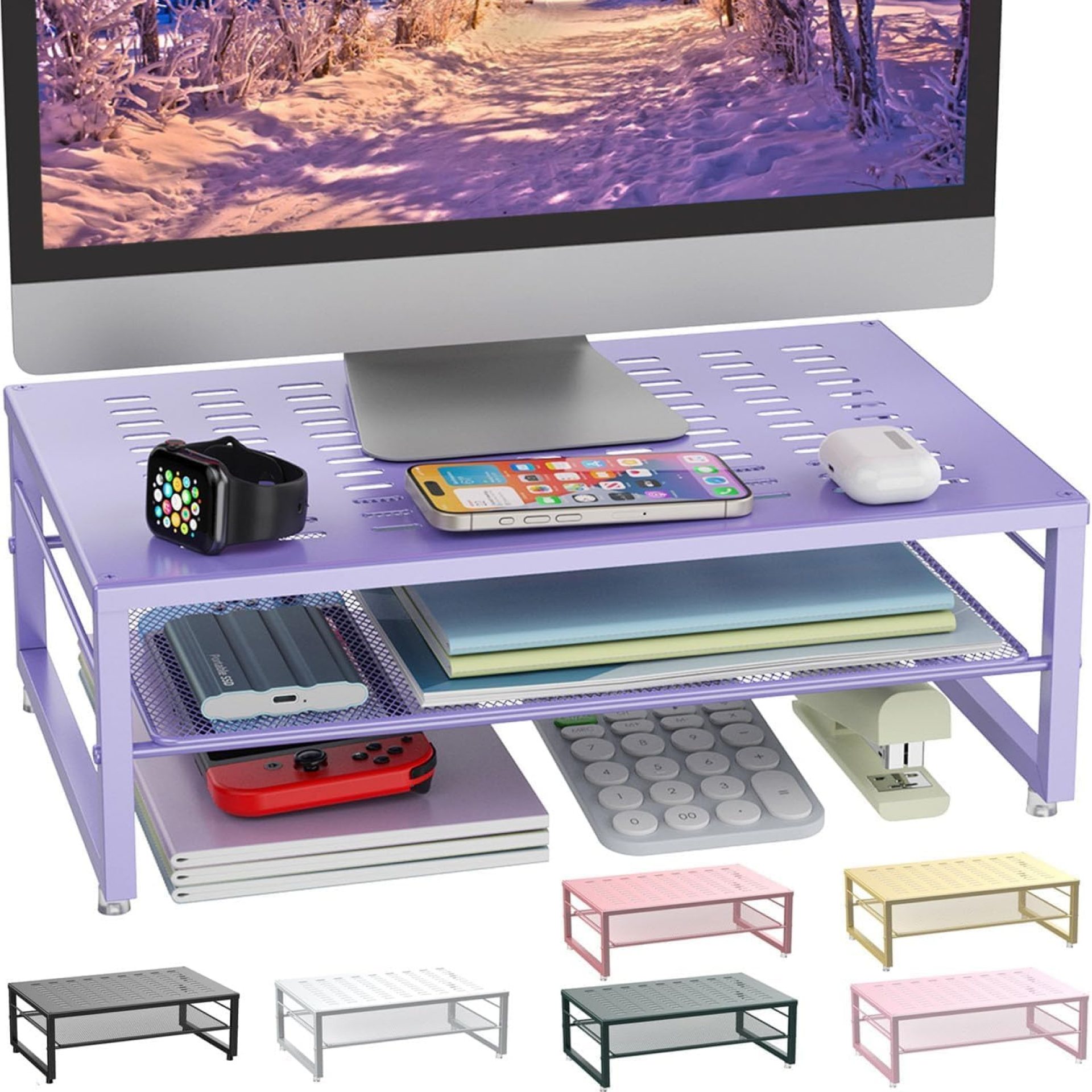 gianotter 2-Tier Metal Monitor Stand Riser, Office Desk Storage Organizer for Computer Monitor, Laptop, Printer, Office Supplies (Purple) gianotter 2-Tier Metal Monitor Stand Riser, Office Desk Storage Organizer for Computer Monitor, Laptop, Printer, Office Supplies (Purple)