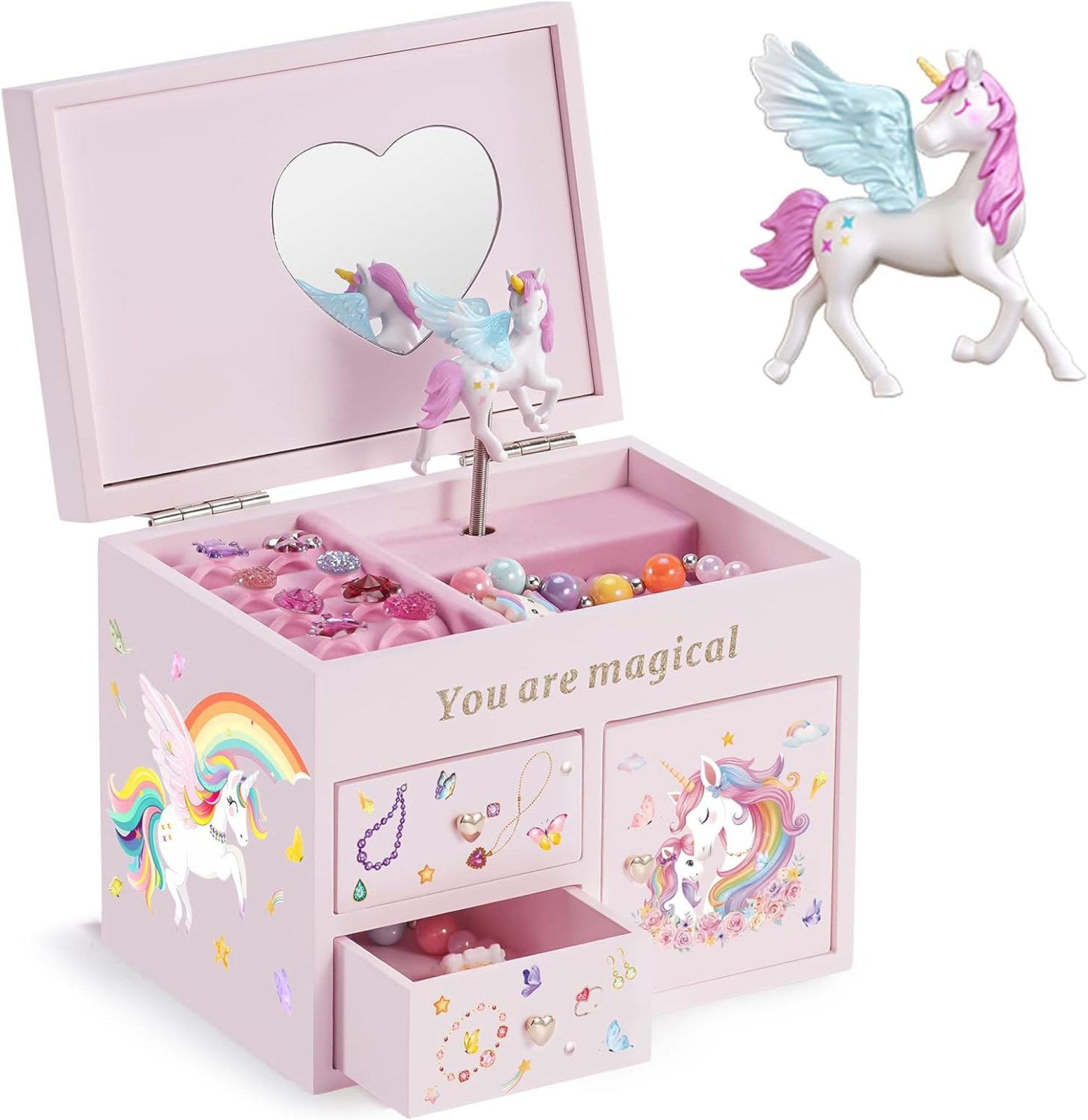 Lolalet Wooden Jewelry Box with Unicorn for Girls, Musical Children’s Jewelry Organizer, Gift for Toddler Age 2 3 4 5 6 7 8 9 on Birthday -Pink Lolalet Wooden Jewelry Box with Unicorn for Girls, Musical Children’s Jewelry Organizer, Gift for Toddler Age 2 3 4 5 6 7 8 9 on Birthday -Pink