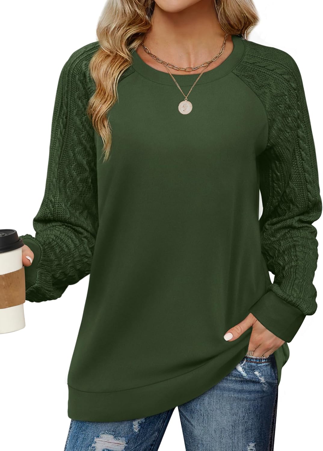 Saloogoe Sweatshirts for Women Crewneck Cable Knit Sleeve Sweaters Lightweight Fashion 2024 Saloogoe Sweatshirts for Women Crewneck Cable Knit Sleeve Sweaters Lightweight Fashion 2024
