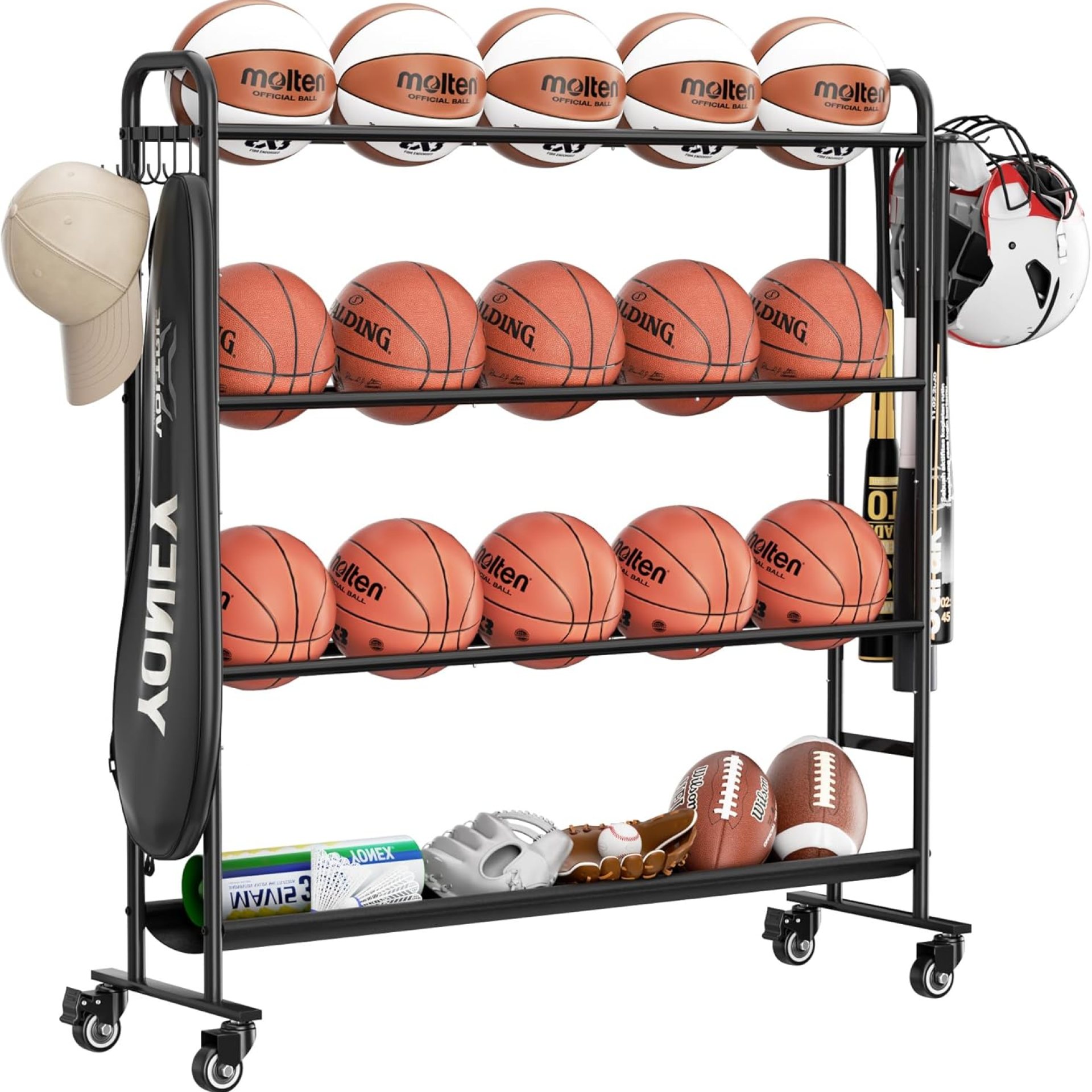 niffgaff Basketball Stand Storage Rack Outdoor, 4-Layer Training Rolling Ball Organizer with Bat Holder, Hooks & Wheels, Garage Sport Cart Equipment for Men’s Standard Basketball niffgaff Basketball Stand Storage Rack Outdoor, 4-Layer Training Rolling Ball Organizer with Bat Holder, Hooks & Wheels, Garage Sport Cart Equipment for Men’s Standard Basketball