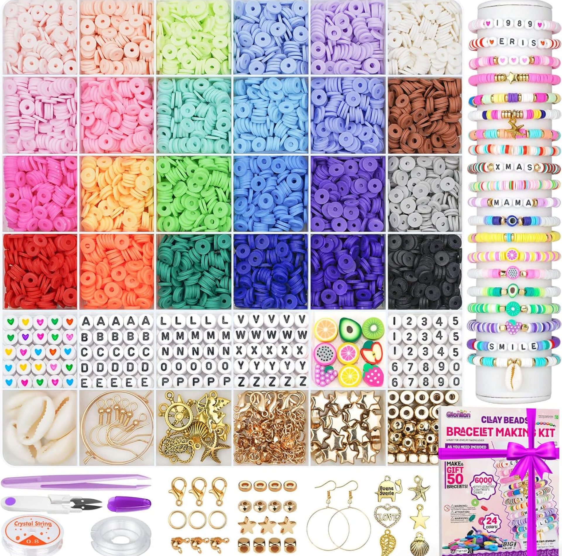 Gionlion 6000 Clay Beads Bracelet Making Kit, 24 Colors Flat Preppy Beads for Friendship Bracelets, Polymer Clay Bead with Charms for Jewelry Making, Crafts Gifts for Girls Ages 6-12 Gionlion 6000 Clay Beads Bracelet Making Kit, 24 Colors Flat Preppy Beads for Friendship Bracelets, Polymer Clay Bead with Charms for Jewelry Making, Crafts Gifts for Girls Ages 6-12