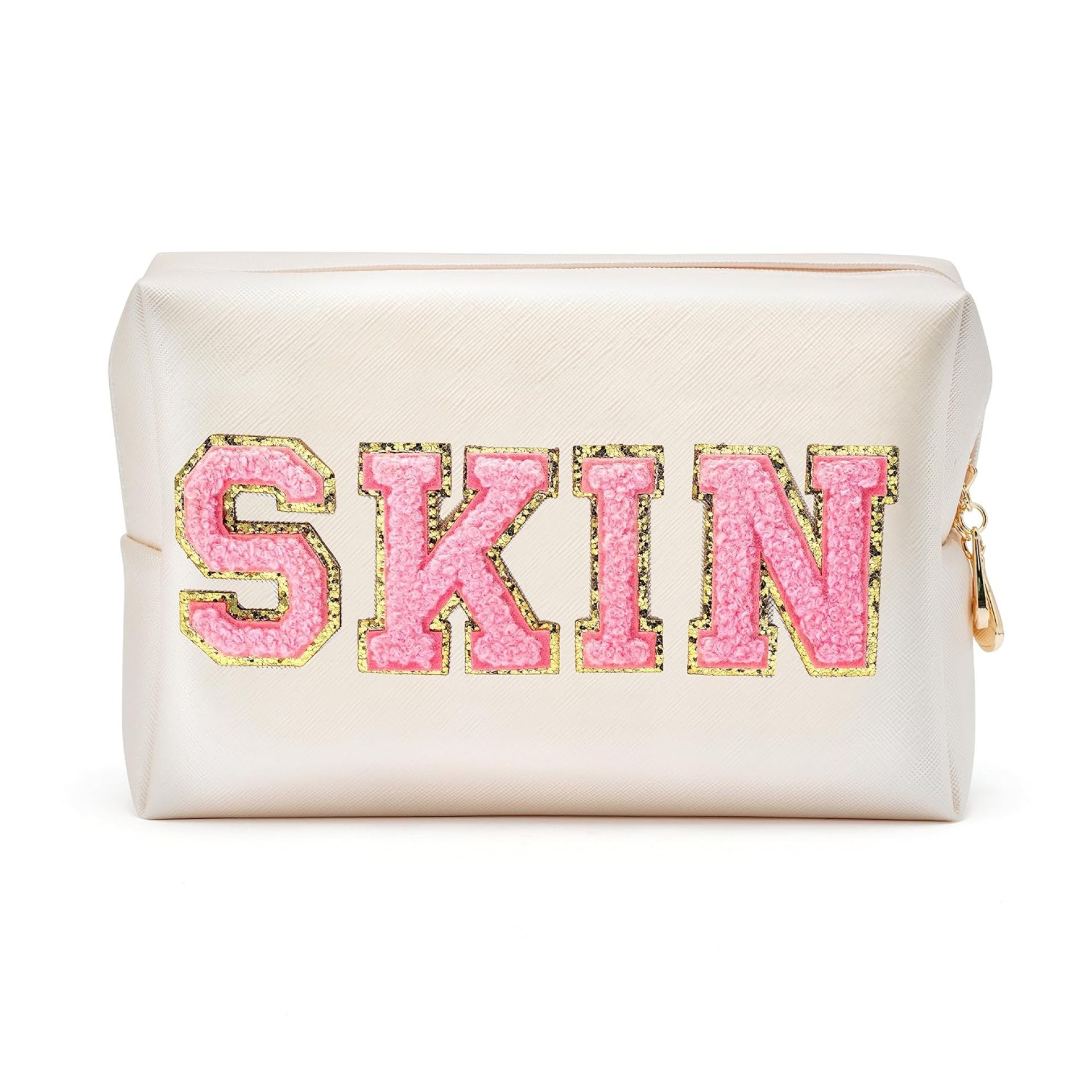 Y1tvei Preppy Patch SKIN Varsity Letter Cosmetic Toiletry Bag PU Leather Portable Makeup Bag Zipper Pouch Storage Purse Waterproof Organizer Gift for Women Teen Girls Daily Travel Use (Shell Gold) Y1tvei Preppy Patch SKIN Varsity Letter Cosmetic Toiletry Bag PU Leather Portable Makeup Bag Zipper Pouch Storage Purse Waterproof Organizer Gift for Women Teen Girls Daily Travel Use (Shell Gold)