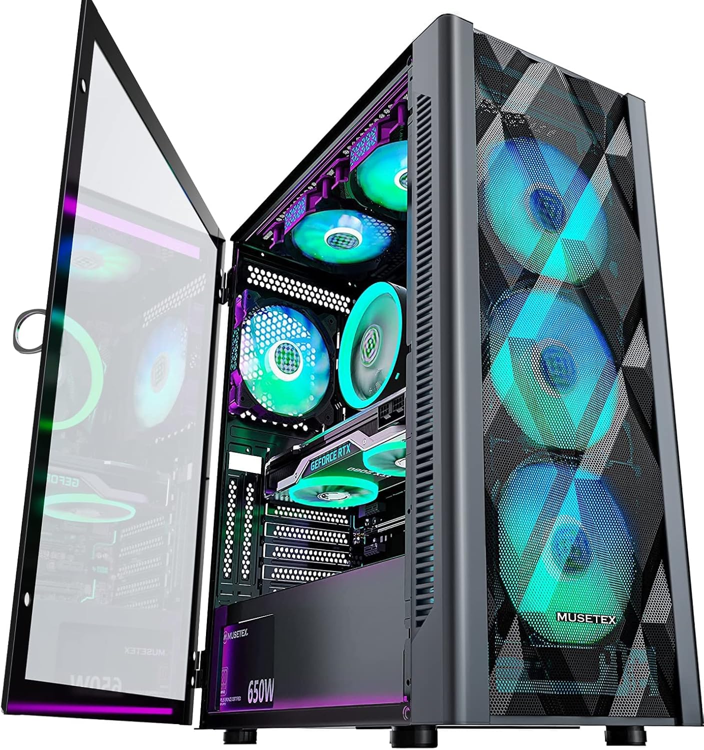 MUSETEX ATX PC Case Pre-Install 6 PWM ARGB Fans, Polygonal Mesh Computer Gaming Case, Opening Tempered Glass Side Panel Mid-Tower Case, USB 3.0 x 2, Black, NN8 MUSETEX ATX PC Case Pre-Install 6 PWM ARGB Fans, Polygonal Mesh Computer Gaming Case, Opening Tempered Glass Side Panel Mid-Tower Case, USB 3.0 x 2, Black, NN8
