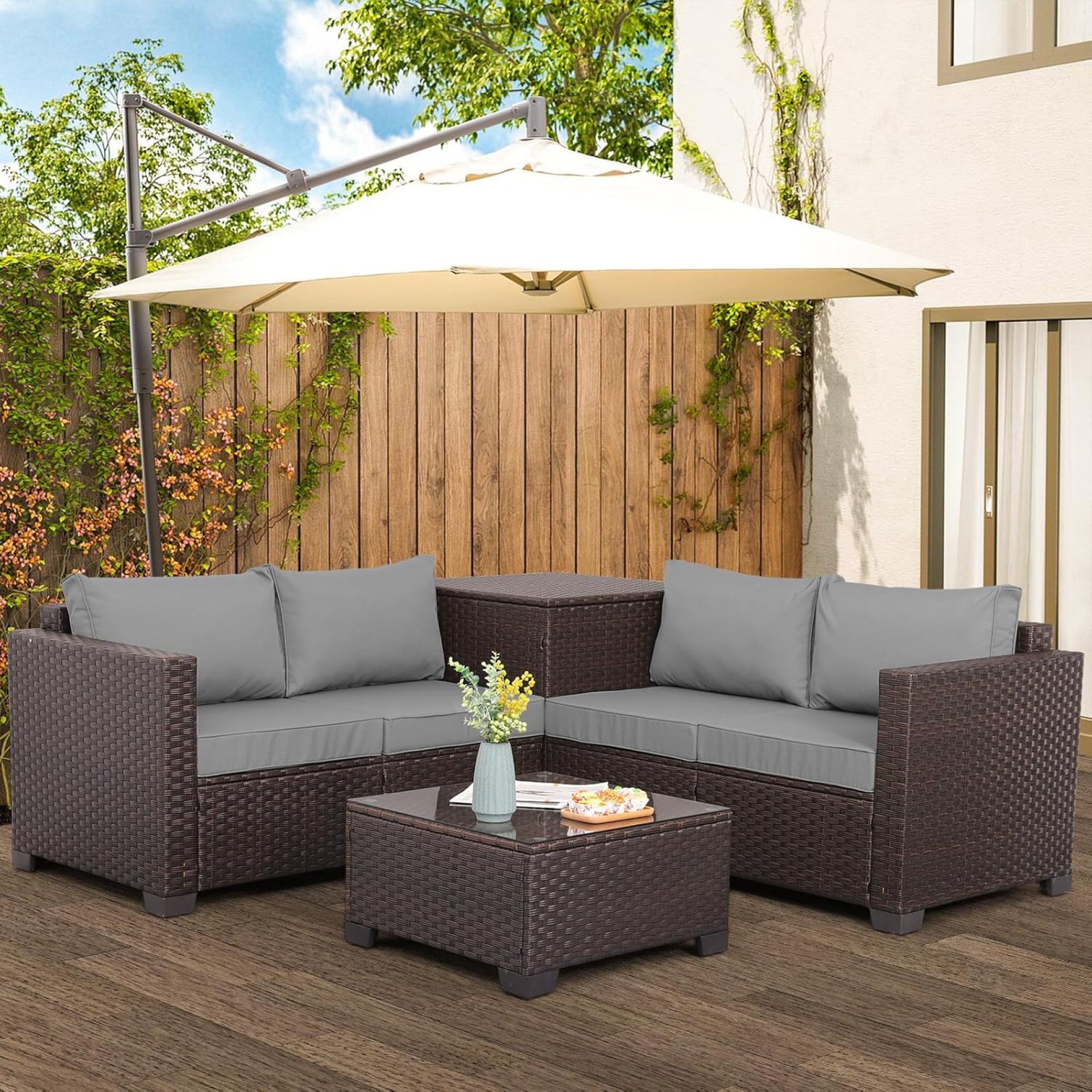 Valita Patio Furniture Set 4 Pieces Outdoor Brown Rattan Sectional Conversation Sofa Chair, Storage Box, Coffee Table,with No-Slip Cushions and Waterproof Covers, Grey Valita Patio Furniture Set 4 Pieces Outdoor Brown Rattan Sectional Conversation Sofa Chair, Storage Box, Coffee Table,with No-Slip Cushions and Waterproof Covers, Grey