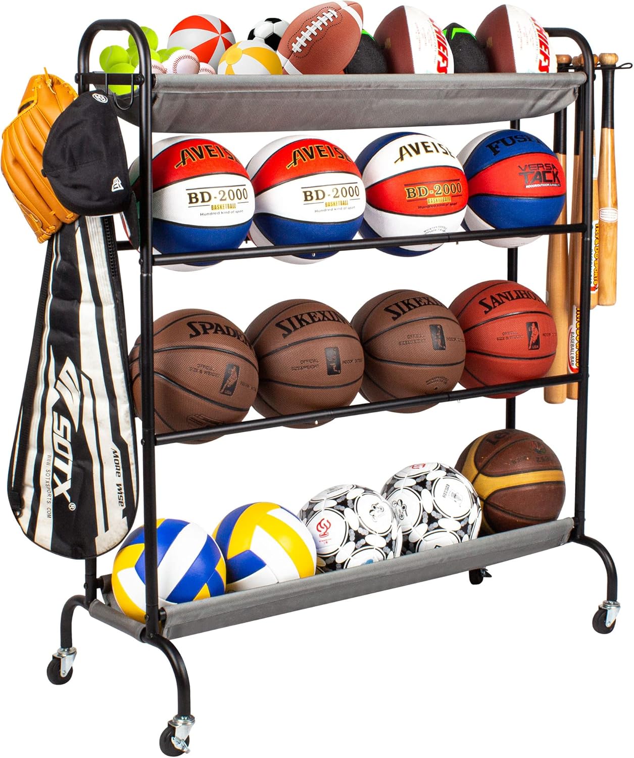 Basketball Rack, 4-Layer Ball Rack Rolling Balls Organizer with Baseball Bat Holder & Hooks Sport Equipment Storage Cart with Wheels for Football, Volleyball, Soccer Basketball Rack, 4-Layer Ball Rack Rolling Balls Organizer with Baseball Bat Holder & Hooks Sport Equipment Storage Cart with Wheels for Football, Volleyball, Soccer