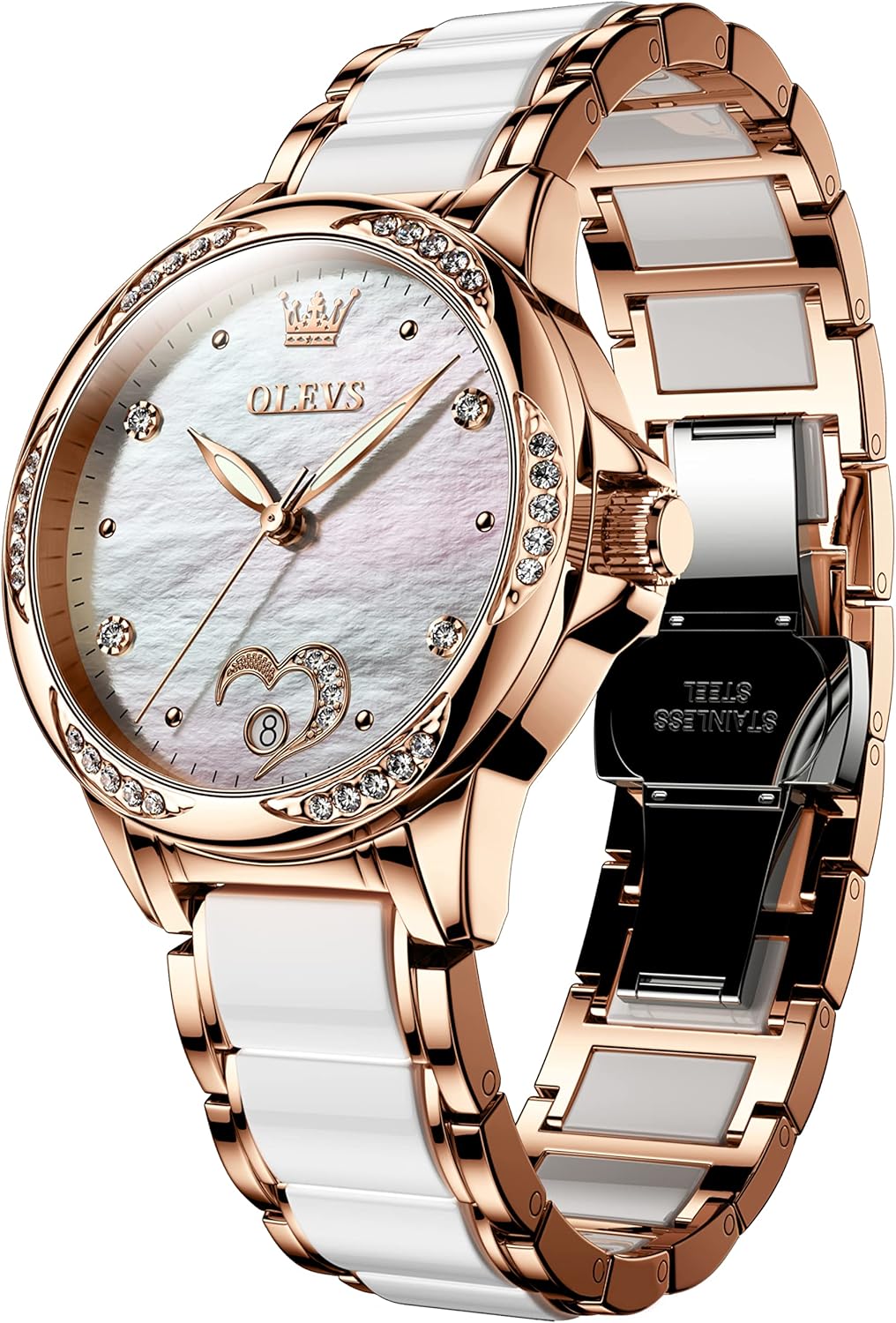 OLEVS Womens Automatic Watch, Premium Large Face Diamond Accented Self Winding Watches for Women, Fashion Waterproof Ladies Dress Watch, Two Tone Stainless Steel Ceramic Bracelet OLEVS Womens Automatic Watch, Premium Large Face Diamond Accented Self Winding Watches for Women, Fashion Waterproof Ladies Dress Watch, Two Tone Stainless Steel Ceramic Bracelet