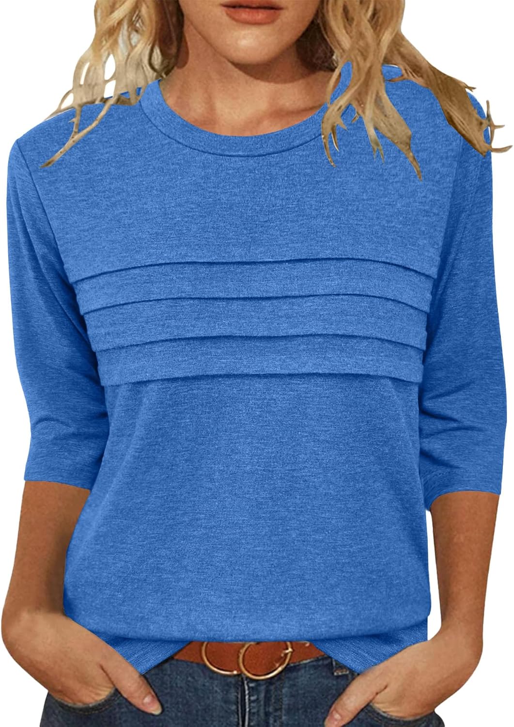 JomeDesign 3/4 Length Sleeve Womens Tops Round Neck Casual Tunic Tops Pleated Shirts Dressy JomeDesign 3/4 Length Sleeve Womens Tops Round Neck Casual Tunic Tops Pleated Shirts Dressy