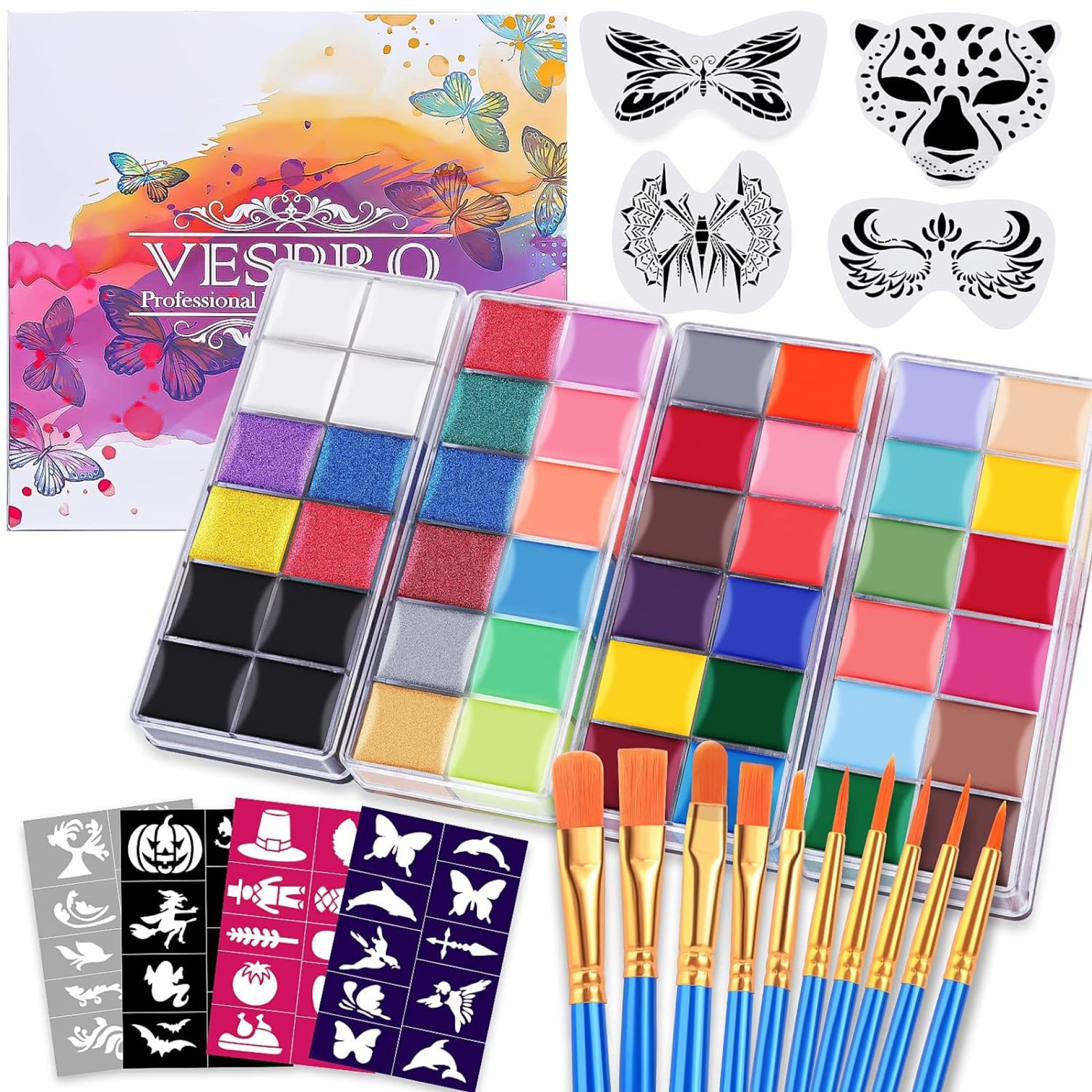 VESPRO Professional Face Body Paint Kit,42 Colors Oil Face&Body Paint Kit (26 Classic Colors+10 Metal Colors +6 UV Glow Colors) with 10 Size Brushes 4PCS Reusable Large Face Stencils and 4PCS Small Paint Stencils for Kids’ and Adults’ Halloween Makeup VESPRO Professional Face Body Paint Kit,42 Colors Oil Face&Body Paint Kit (26 Classic Colors+10 Metal Colors +6 UV Glow Colors) with 10 Size Brushes 4PCS Reusable Large Face Stencils and 4PCS Small Paint Stencils for Kids’ and Adults’ Halloween Makeup