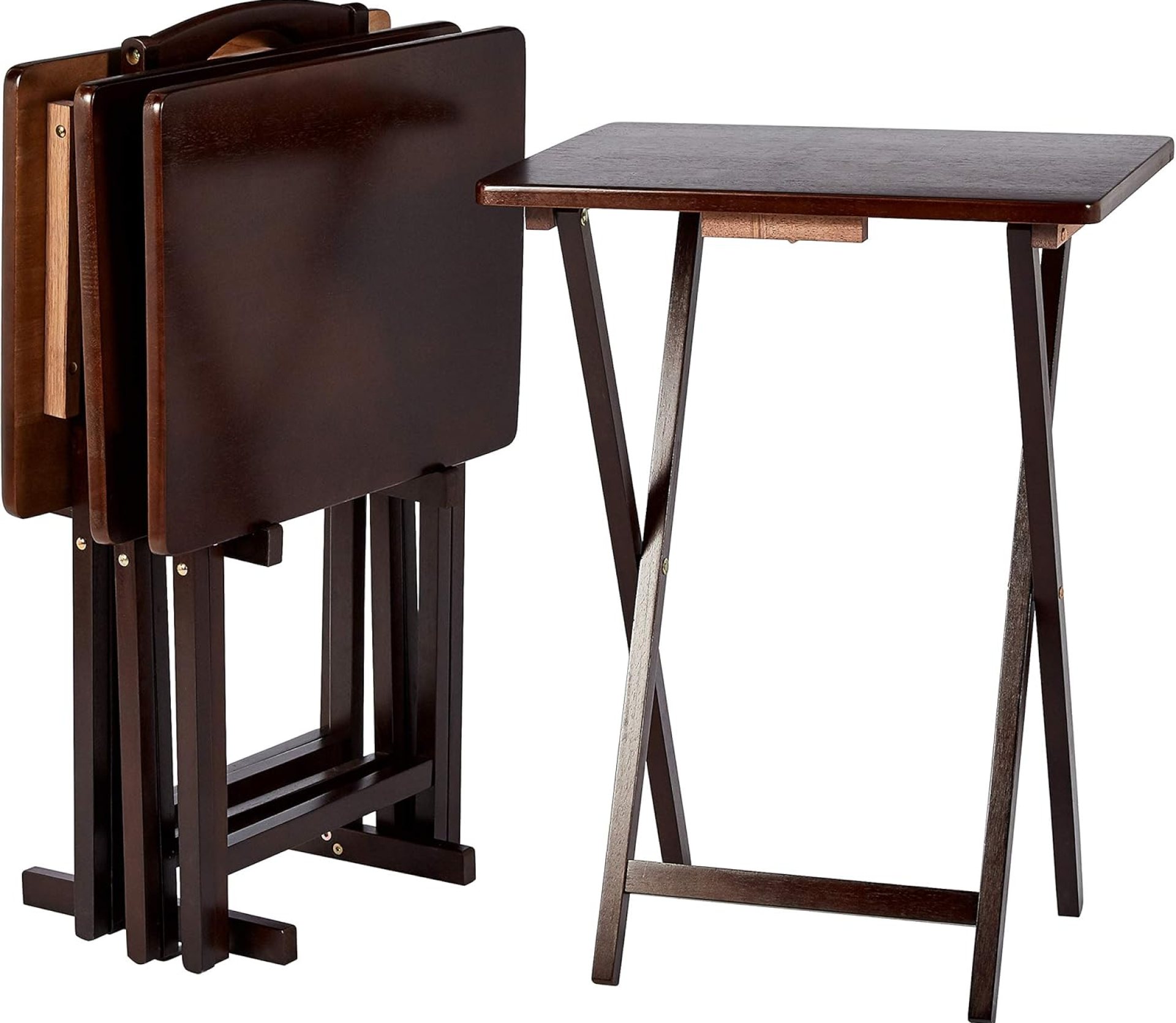 Amazon Basics Portable TV Dinner 4-Pack Rectangular Folding Tray Table with Storage Rack, Espresso, 14.6″L x 19″W x 26″H Amazon Basics Portable TV Dinner 4-Pack Rectangular Folding Tray Table with Storage Rack, Espresso, 14.6″L x 19″W x 26″H