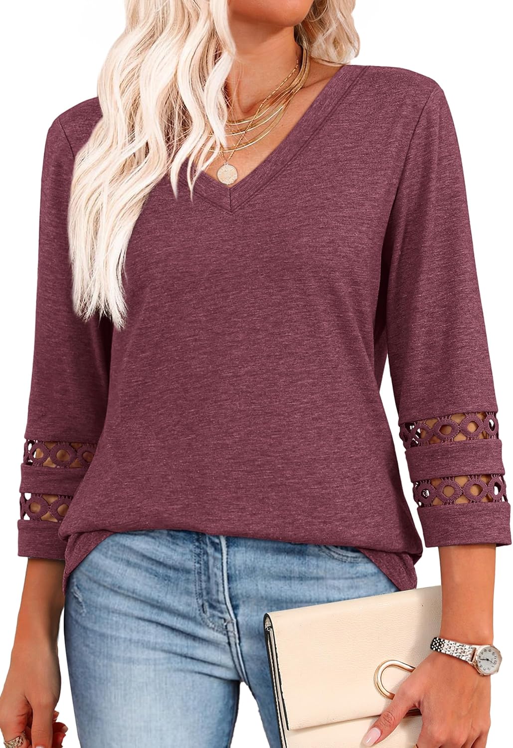XIEERDUO 3/4 Length Sleeve Womens Tops Dressy Casual Blouses for Women 2025 Trendy V Neck T Shirts Summer Clothes XIEERDUO 3/4 Length Sleeve Womens Tops Dressy Casual Blouses for Women 2025 Trendy V Neck T Shirts Summer Clothes