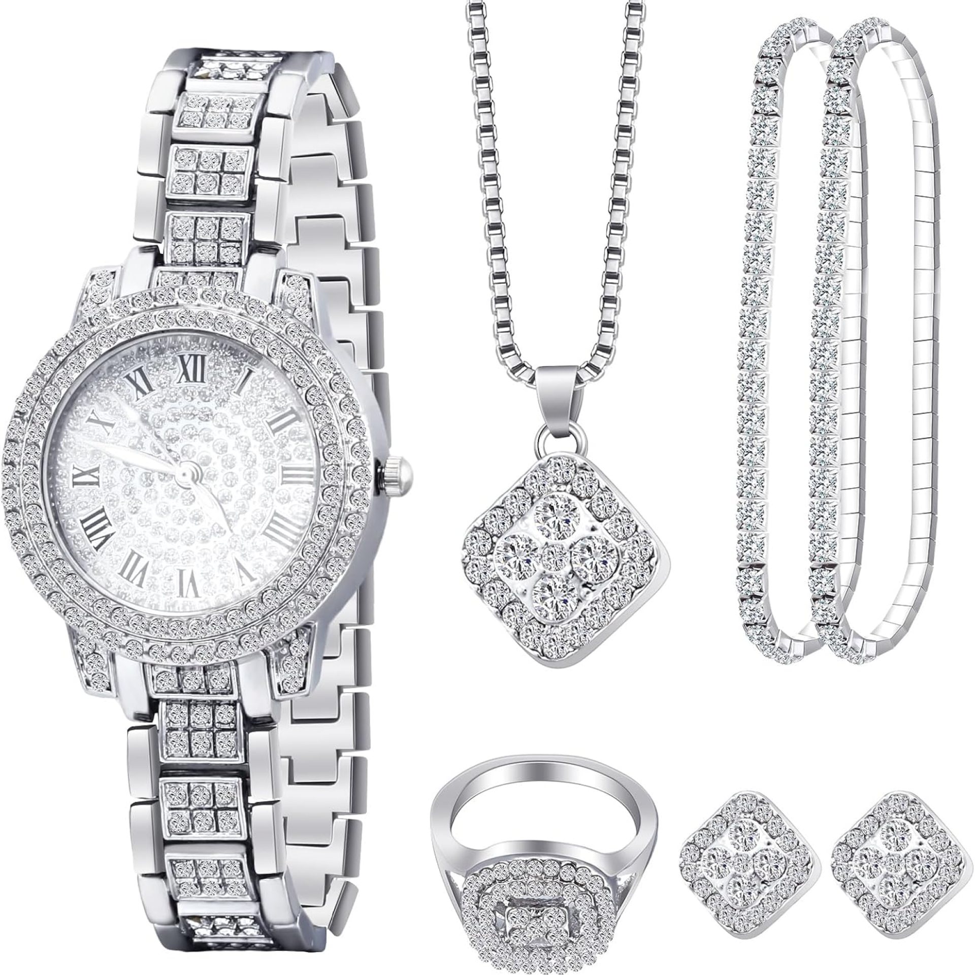 7 Pcs Luxury Women Watch and Bracelet Set Elegant Rhinestone Jewelry Quartz Watch and Women’s Wrist Bangle Diamond Ring Necklace Earrings Set with Box for Wife Ladies Gift 7 Pcs Luxury Women Watch and Bracelet Set Elegant Rhinestone Jewelry Quartz Watch and Women’s Wrist Bangle Diamond Ring Necklace Earrings Set with Box for Wife Ladies Gift