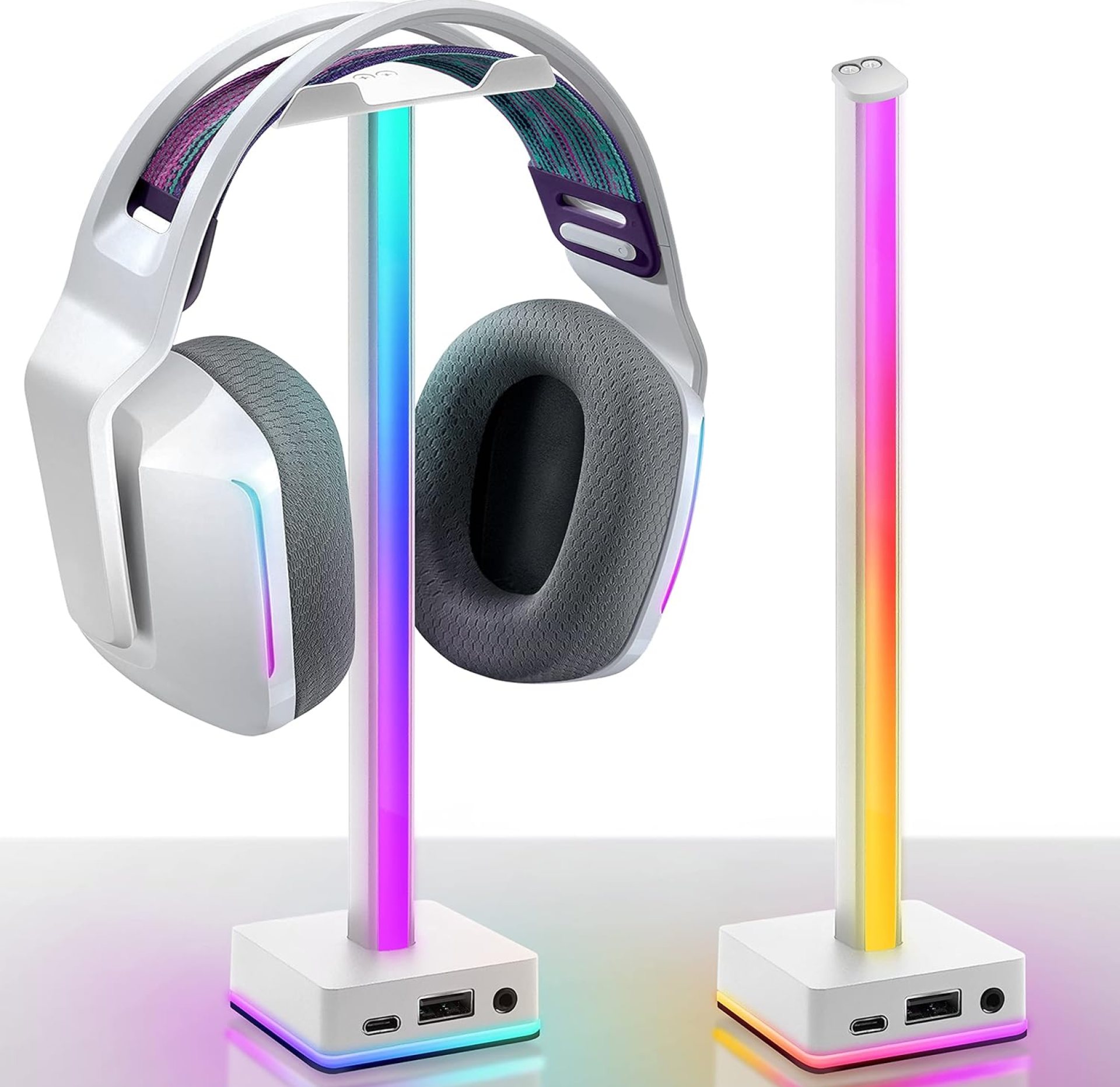 EZDIY-FAB USB LED Light Bar Headphones Stand, Desktop Atmosphere RGB Backlight,50 Built-in Color Modes, Headphone Holder for Gamers Gaming PC Accessories Desk- White- 1 Pack EZDIY-FAB USB LED Light Bar Headphones Stand, Desktop Atmosphere RGB Backlight,50 Built-in Color Modes, Headphone Holder for Gamers Gaming PC Accessories Desk- White- 1 Pack
