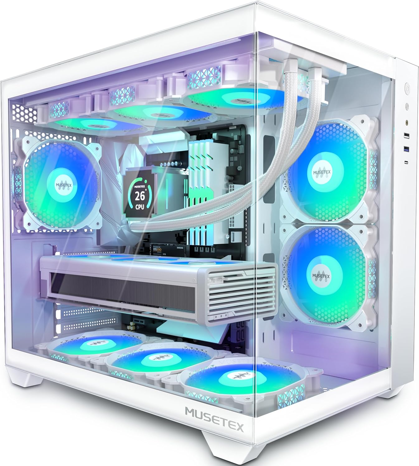 MUSETEX ATX PC Case, 6 PWM ARGB Fans Pre-Installed, 360MM RAD Support, Type-C Gaming PC Case, 270° Full View Tempered Glass Mid Tower, Pure White ATX Computer Case,Y6 MUSETEX ATX PC Case, 6 PWM ARGB Fans Pre-Installed, 360MM RAD Support, Type-C Gaming PC Case, 270° Full View Tempered Glass Mid Tower, Pure White ATX Computer Case,Y6