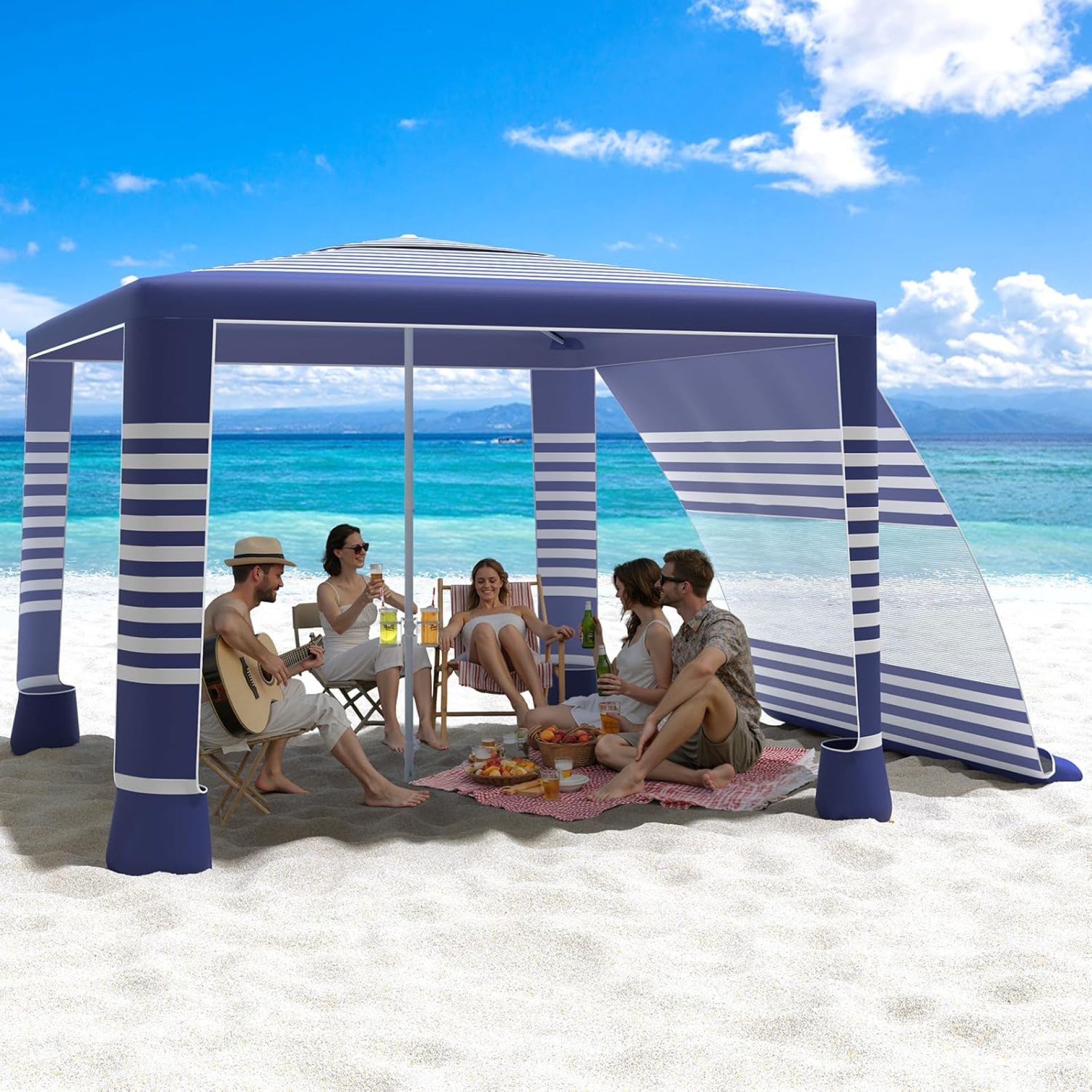 MoKo Beach Cabana, 8’×8′ Large Beach Canopy with Side Wall, UPF 50+ Protection Easy Setup Beach Tent Sun Shelter, Adjustable Height Wind Resistant Cabana Beach Tent for Whole Family, Navy Stripes MoKo Beach Cabana, 8’×8′ Large Beach Canopy with Side Wall, UPF 50+ Protection Easy Setup Beach Tent Sun Shelter, Adjustable Height Wind Resistant Cabana Beach Tent for Whole Family, Navy Stripes