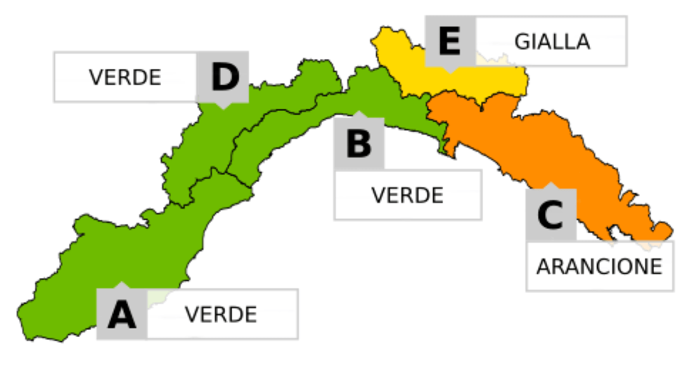 Arpal: dalle 15 allerta gialla sul Levante (C, E). Dalle 18.00 arancione su bacini grandi di C Arpal: dalle 15 allerta gialla sul Levante (C, E). Dalle 18.00 arancione su bacini grandi di C