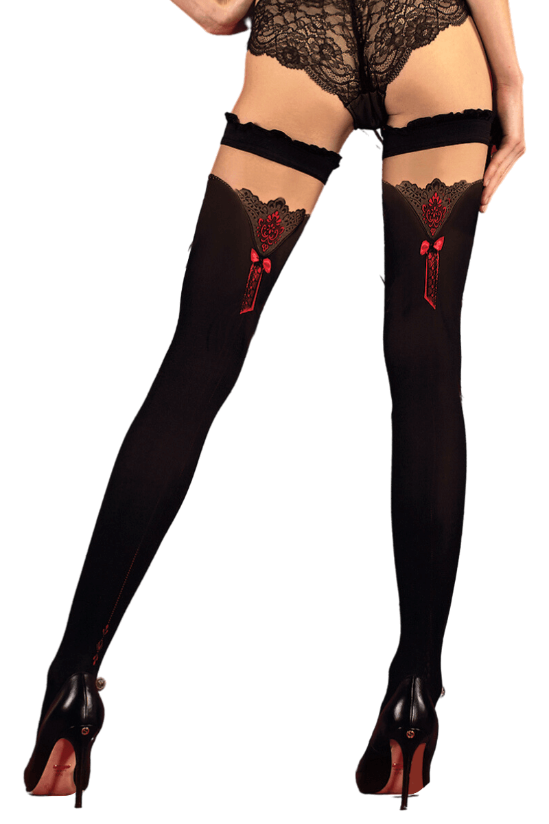 beige schwarze Stockings mit rotem Muster