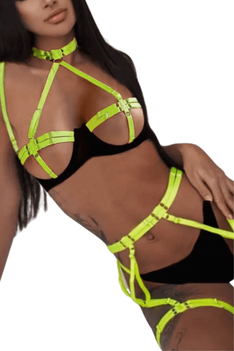 4tlg. Dessous Set mit Bändern – schwarz neongrün