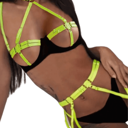 4tlg. Dessous Set mit Bändern – schwarz neongrün 4tlg. Dessous Set mit Bändern – schwarz neongrün
