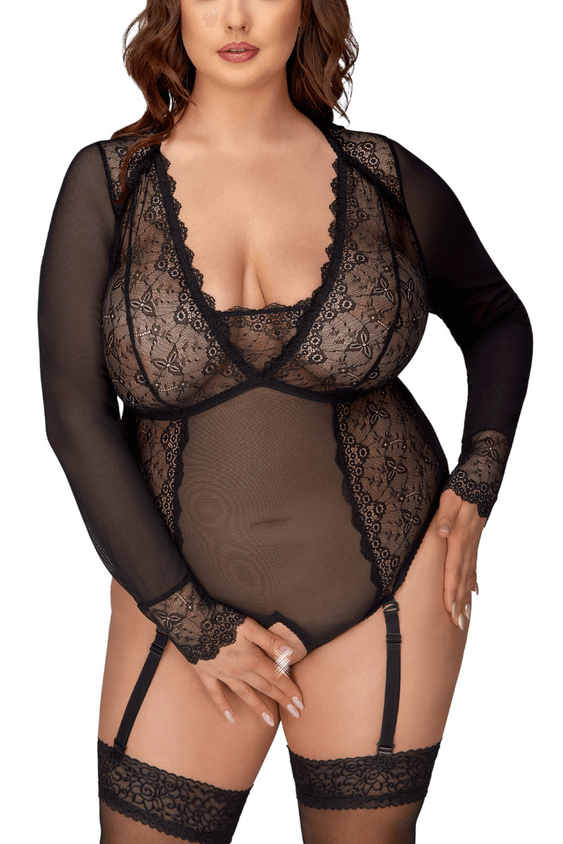 Langarm-Strapsbody schwarz Plus Size