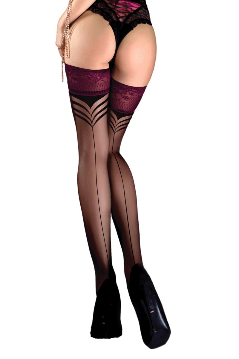 transparente halterlose Stockings schwarz/beere