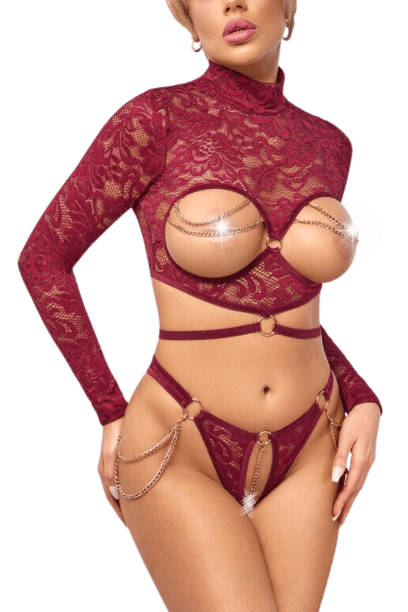 2tlg. Spitzen-Set ouvert rot