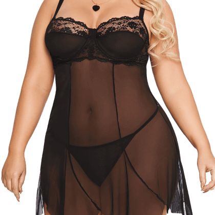 Schwarzes Babydoll aus Spitze und Tüll Plus Size Schwarzes Babydoll aus Spitze und Tüll Plus Size
