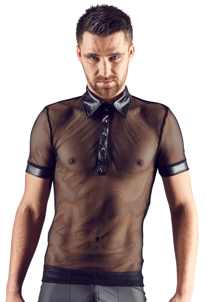 Hemd aus Netz und Wetlook, mit Polokragen