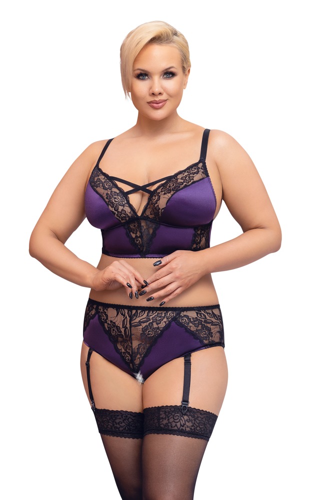 Bralette plus Straps-Slip ouvert im edlen Mix aus Satin und Spitze