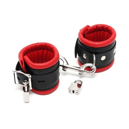 Leder-Handfesseln gepolstert und abschließbar, rot/schwarz Leder-Handfesseln gepolstert und abschließbar, rot/schwarz