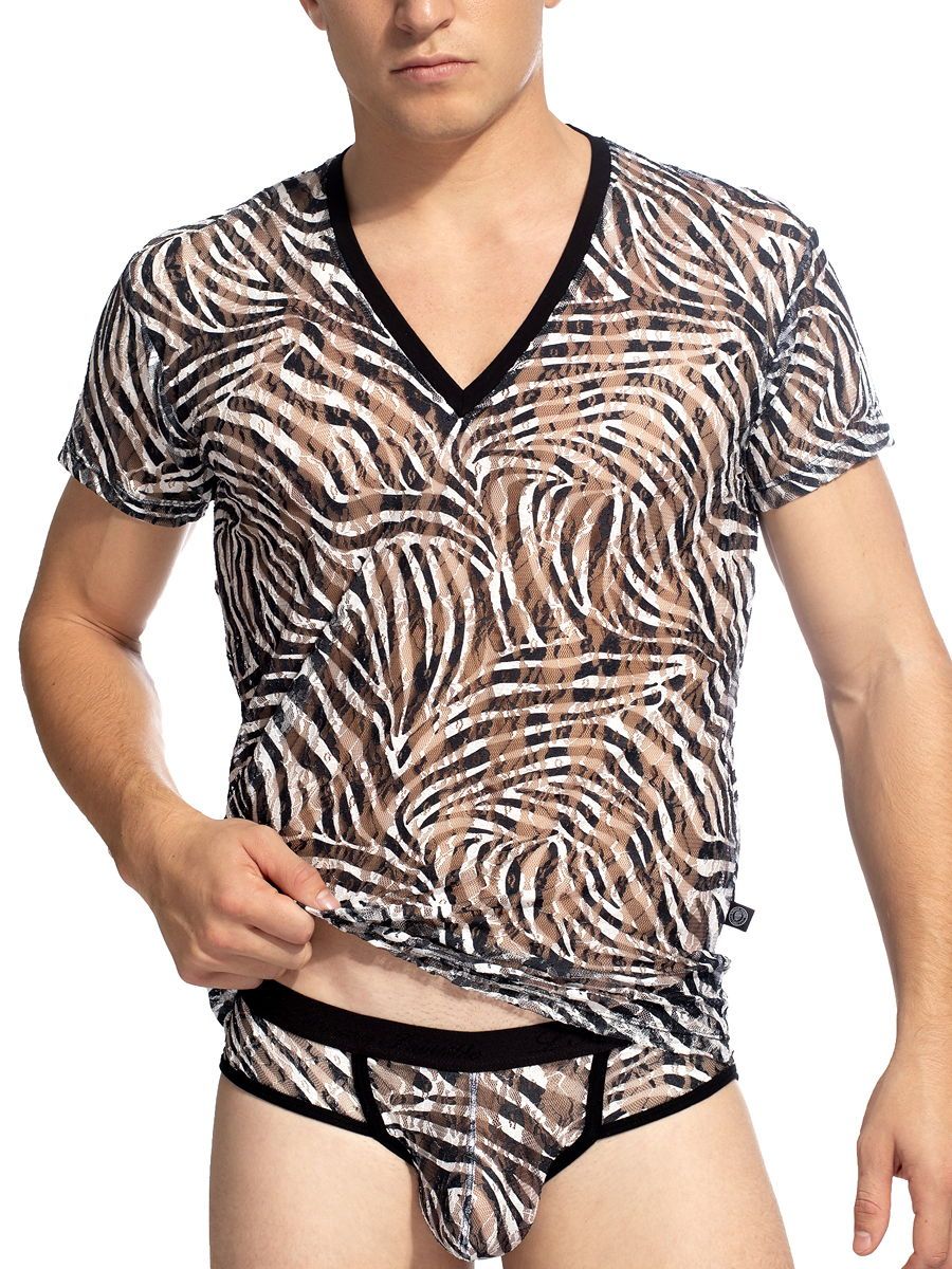 L%27Homme Cory: V-Neck-Shirt, schwarz/weiß (L)