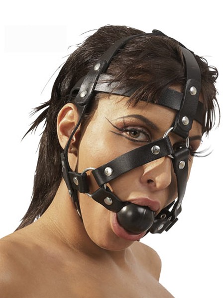 Leder-Kopfgeschirr mit Ballknebel, schwarz