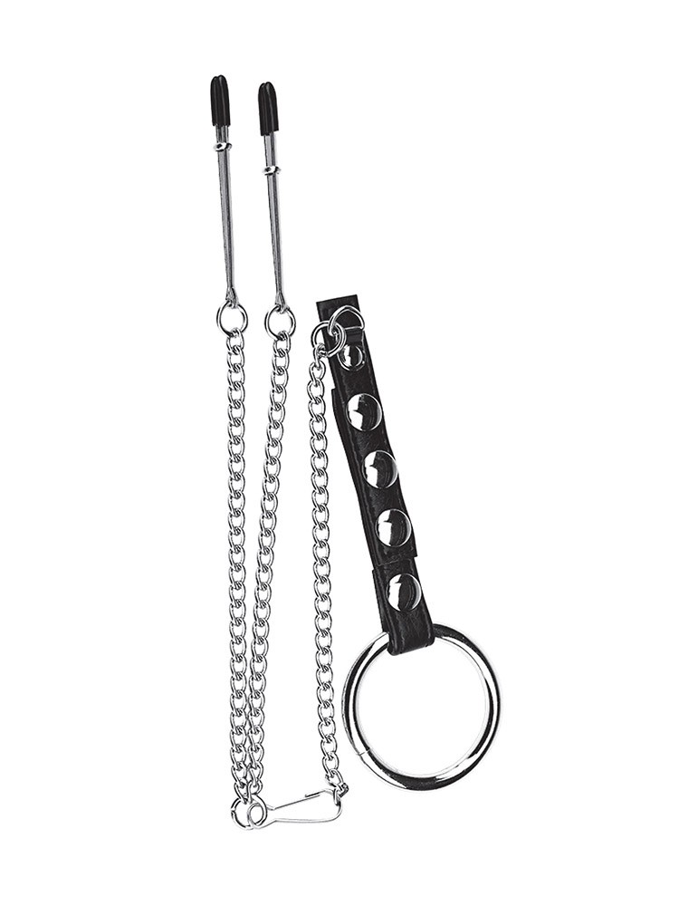 Blue Line Cock Ring with Nipple Tweezers: Penisring mit Nippelklemmen, silber