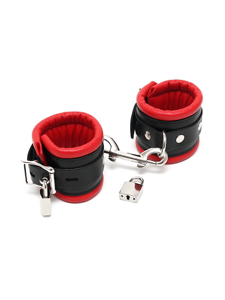 Leder-Fußfesseln gepolstert und abschließbar, rot/schwarz