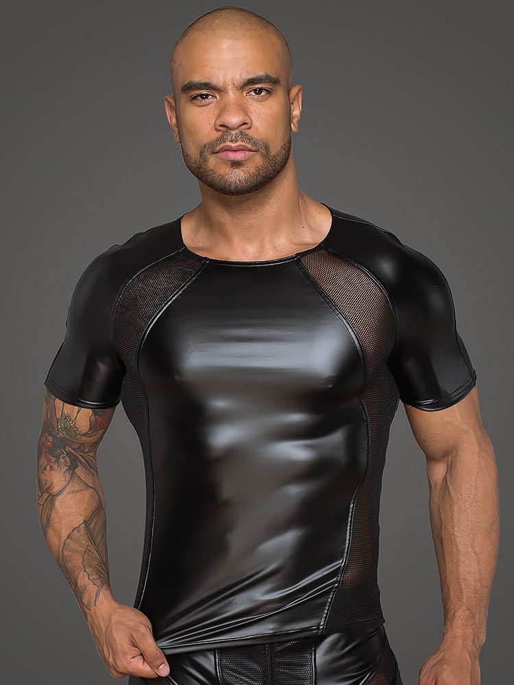 Noir Handmade: Wetlook-Netz-Shirt H056, schwarz (M)