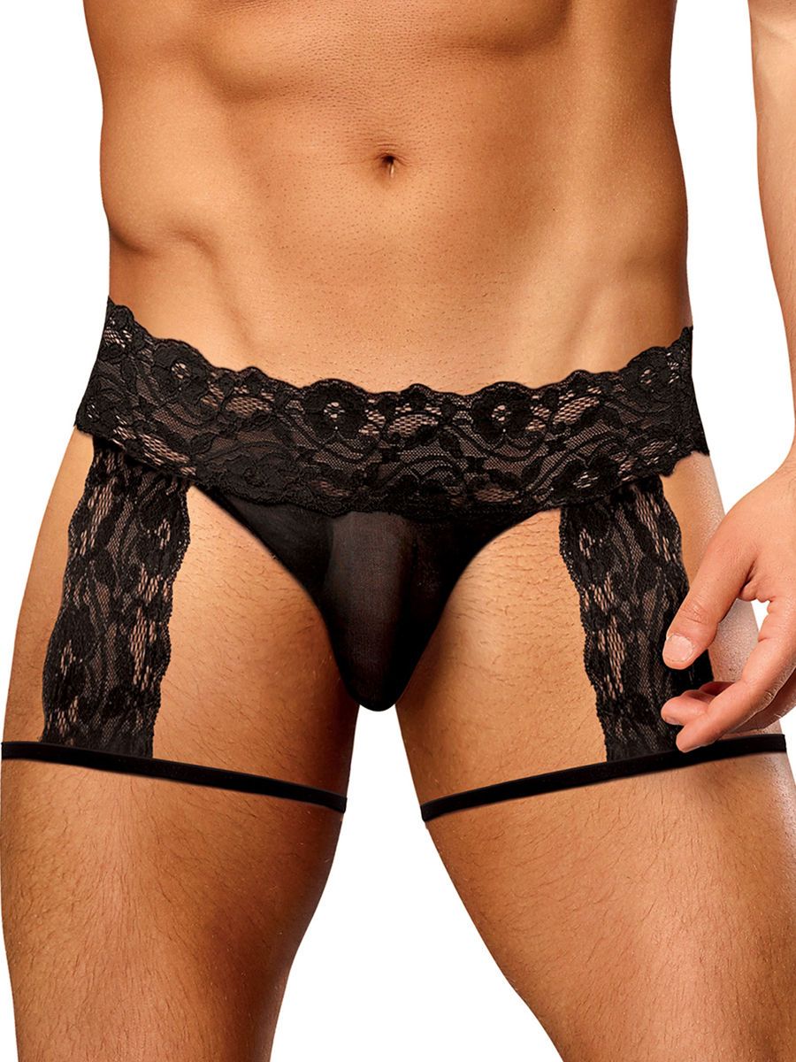 Male Power Scandal Lace: G-String Garter Short, schwarz (S/M)
