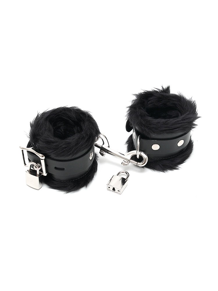 Leder-Fußfesseln mit Plüsch und abschließbar, schwarz