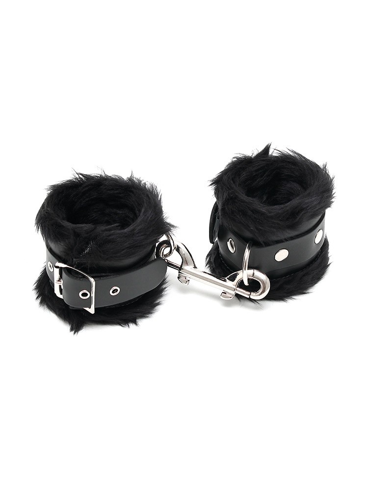Leder-Handfesseln mit Plüsch, schwarz