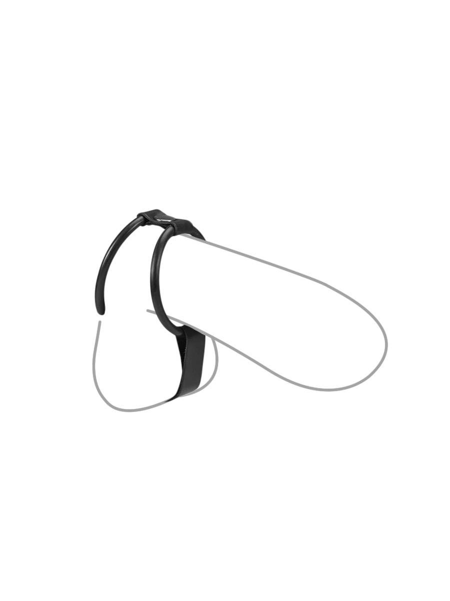 Gummi-Penisringe mit Leder-Hodenteiler, schwarz