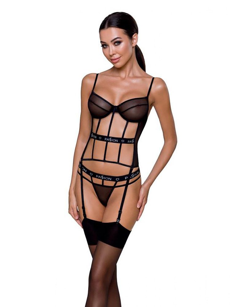Passion Kyouka: Netz-Strapshemd-Set, schwarz (S/M)