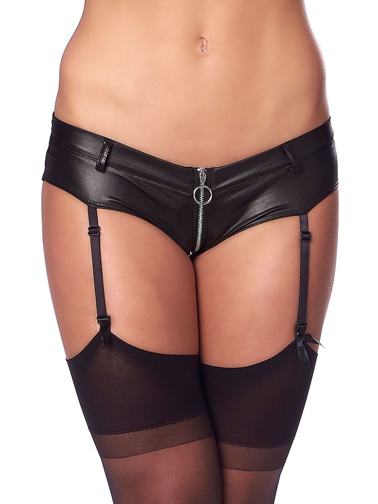 Wetlook-Strapspanty und Strümpfe, schwarz (S/M)