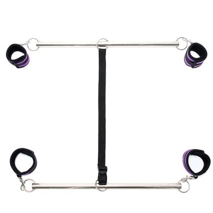 Double Spreader Bar: Doppelspreizstange mit Soft-Fesseln, schwarz/silber/lila Double Spreader Bar: Doppelspreizstange mit Soft-Fesseln, schwarz/silber/lila