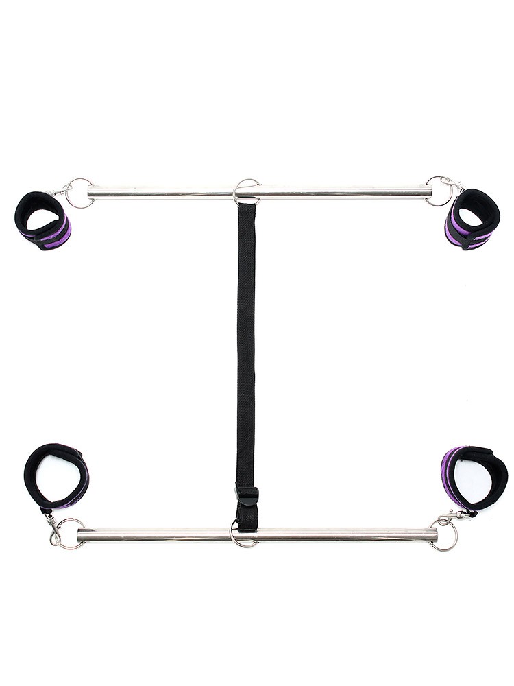 Double Spreader Bar: Doppelspreizstange mit Soft-Fesseln, schwarz/silber/lila